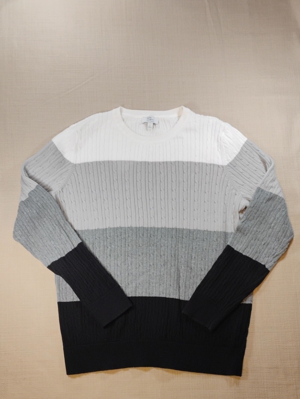 Women's size Large Colorblock Cable Knit Sweater - White, Light Gray & Black
